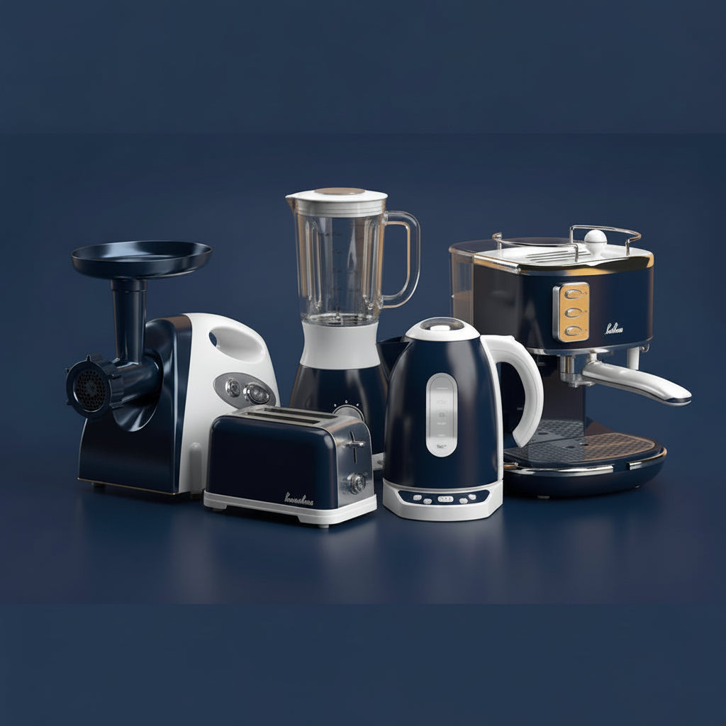 Set of kitchen appliances including a meat grinder, blender, kettle, toaster, and coffee machine on a dark background.