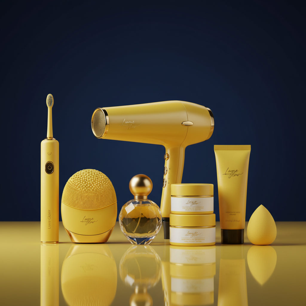 Set of yellow kitchen appliances including a blender, toaster, kettle, and coffee machine on a yellow background.